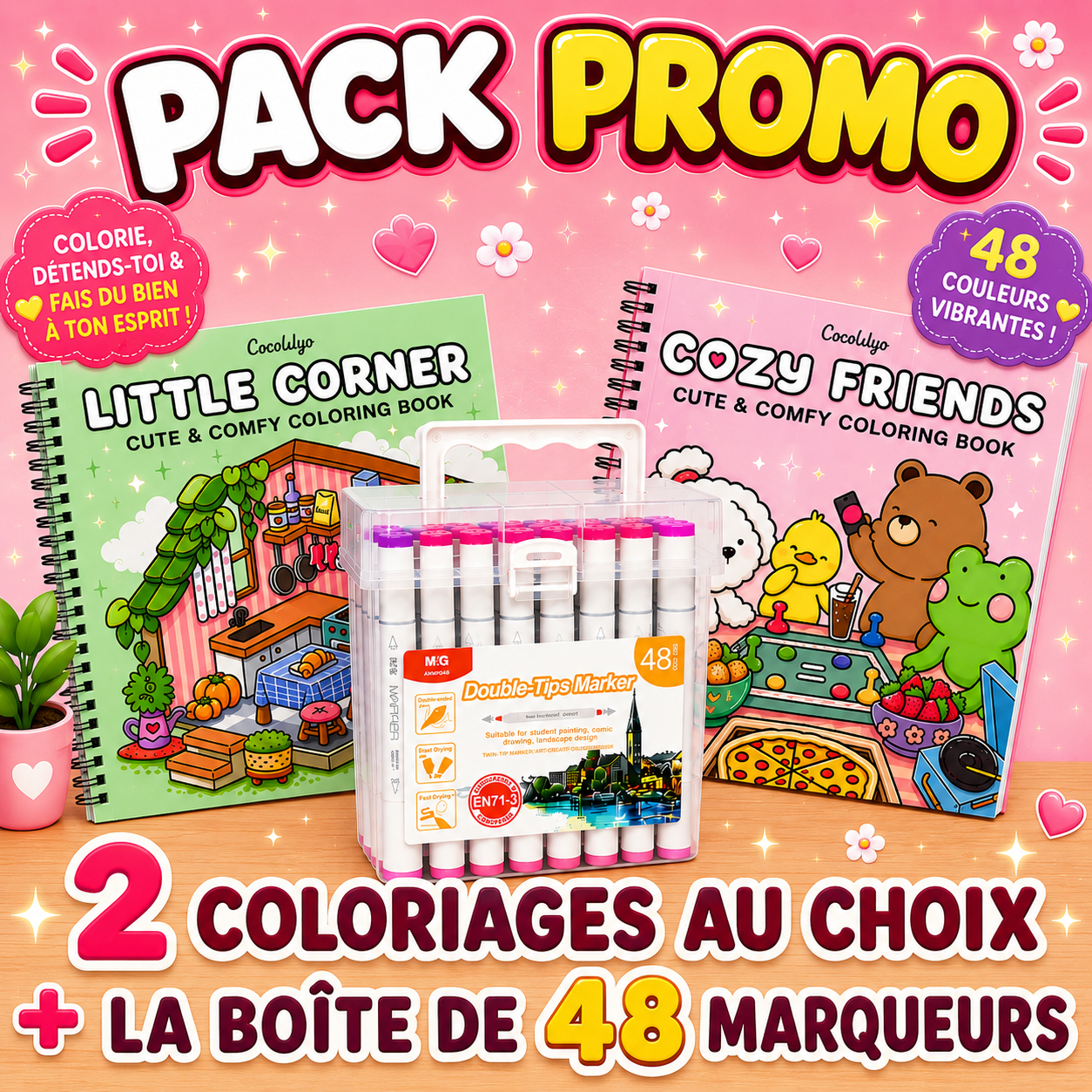 Pack Promo – 2 Coloriages au Choix + Boîte de 48 Marqueurs