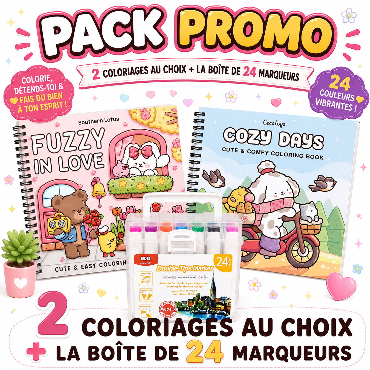 Pack Promo - 2 Coloriages au Choix + Boîte de 24 Marqueurs