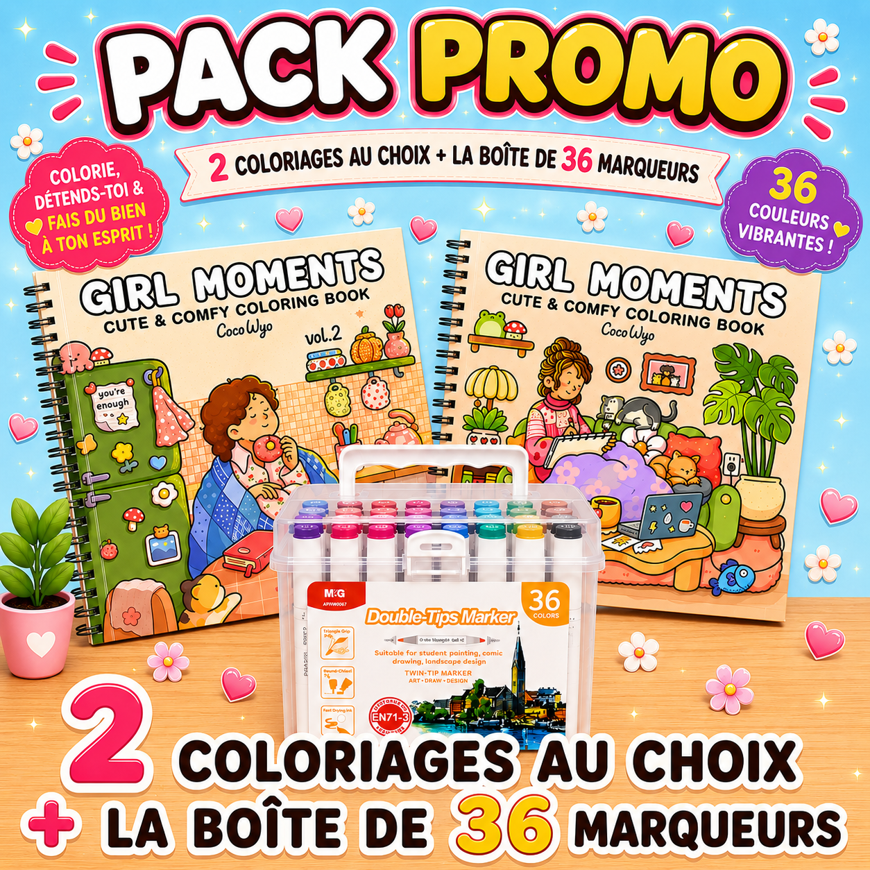 Pack Promo – 2 Coloriages au Choix + Boîte de 36 Marqueurs