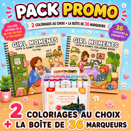 Pack Promo – 2 Coloriages au Choix + Boîte de 36 Marqueurs