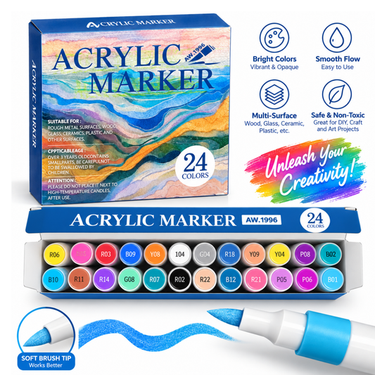 24 Colors Acrylic Brush Markers Set – Water-Based Multi-Surface Paint Pens