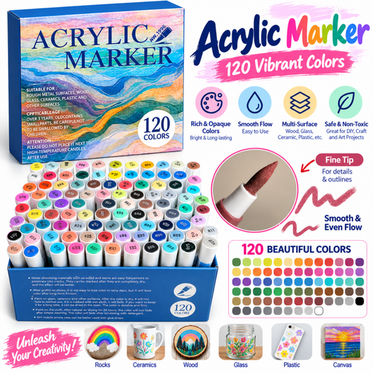 120 Colors Acrylic Paint Markers Set – Fine Tip Water-Based Acrylic Pens