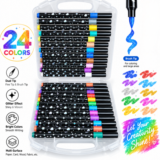 24 Colors Glitter Brush Markers Set