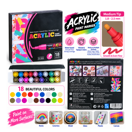 18 Colors Acrylic Paint Markers Set – Medium Tip Water-Based Paint Pens