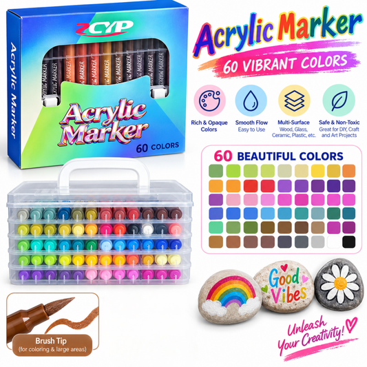 60 Colors Acrylic Brush Markers Set – Water-Based Multi-Surface Paint Pens