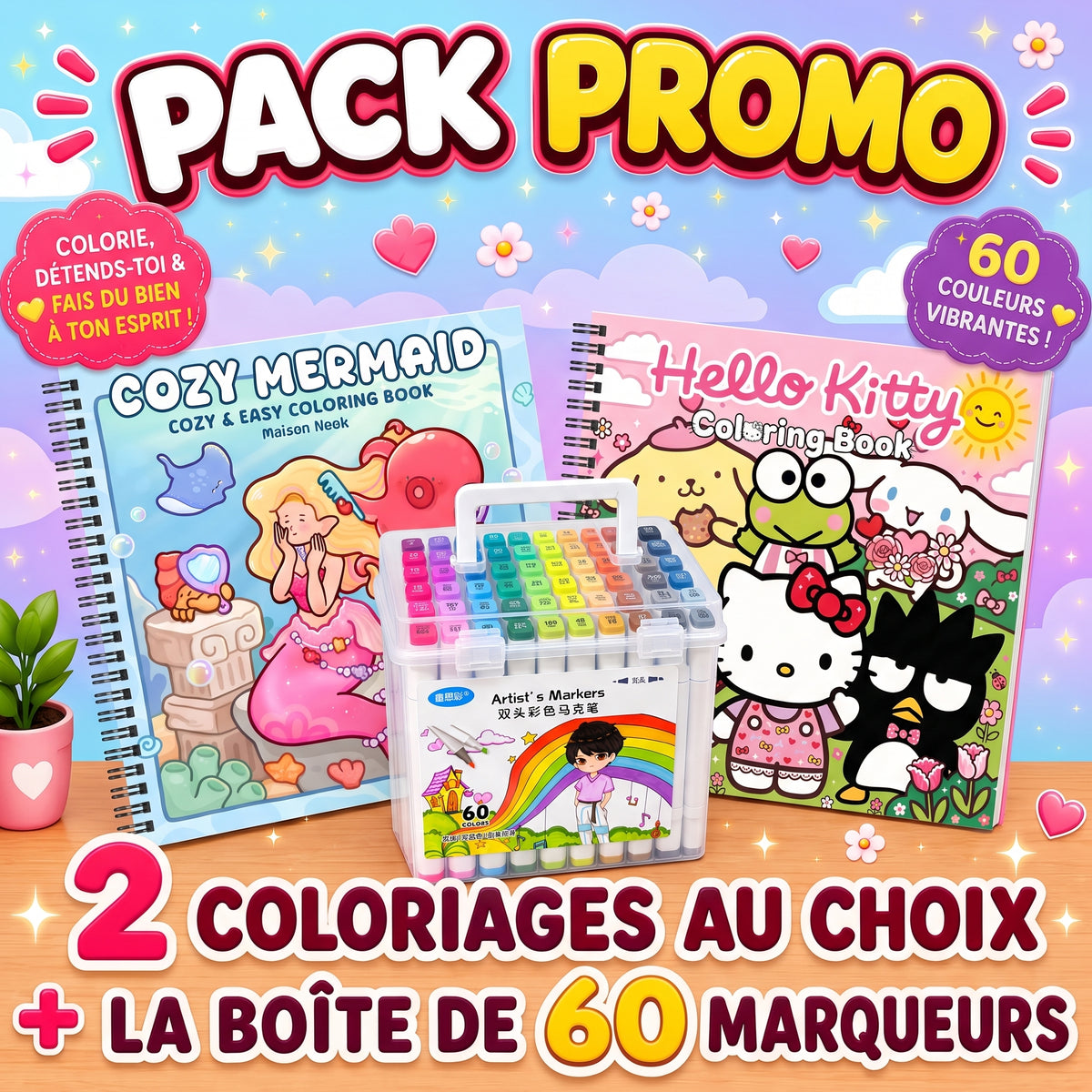 Pack Promo – 2 Livres de Coloriage au Choix + La Boîte de 60 Marqueurs